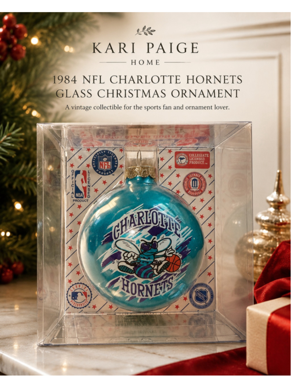 Vintage 1990s Charlotte Hornets Glass Christmas Ornament NBA Kmart NOS in Box